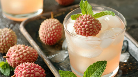 Tropical lychee juice in a glass with a lychee slice and mint leavesの素材