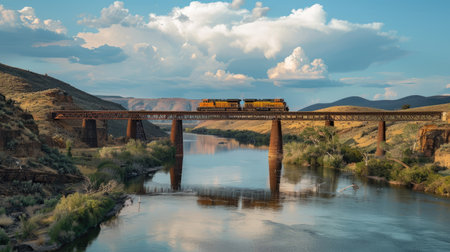 Train passing over a large river on a steel bridgeの素材