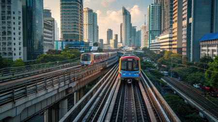 Train passing through a dense urban area with skyscrapersの素材