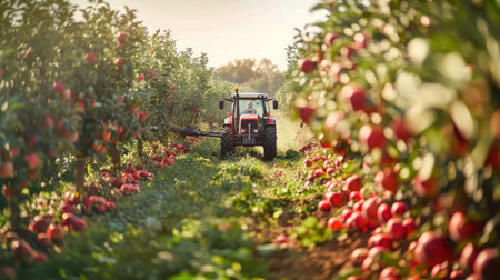 Tractor driving through an apple orchard during harvestの素材