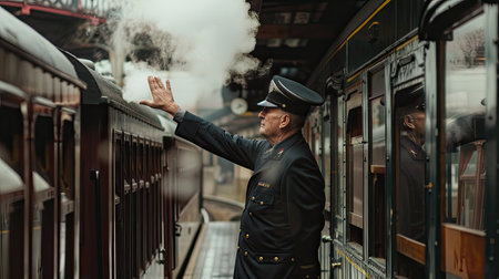Train conductor signaling departure from the platformの素材