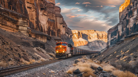Train traveling through a canyon with towering cliffsの素材