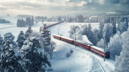 Train crossing a snowy landscape in winterの素材