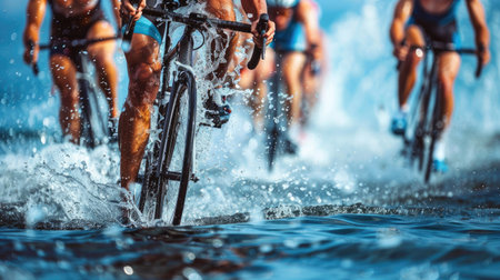 Triathletes transitioning from swimming to cycling during a raceの素材