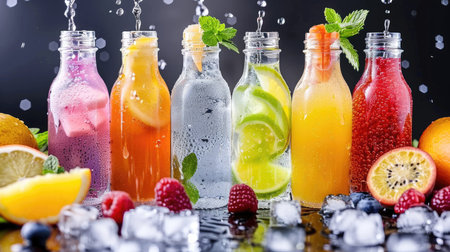 Variety of freshly squeezed fruit juices in glass bottles with fresh fruits and ice cubesの素材