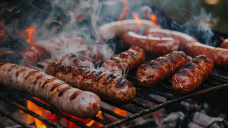 Variety of sausages on a grill with smoke and flamesの素材