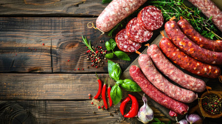 Variety of raw sausages with herbs and spices on a wooden tableの素材