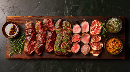 Variety of raw meat cuts arranged on a wooden board with herbsの素材