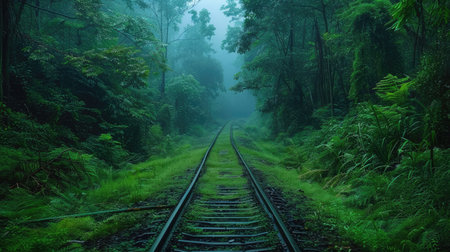 Train tracks running through a dense forest with morning mistの素材