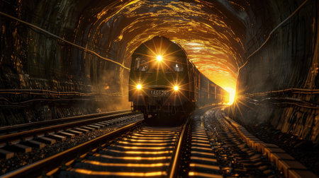 Train traveling through a tunnel with bright lights aheadの素材