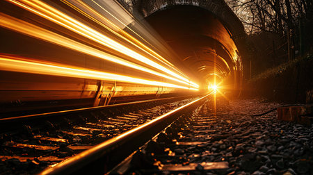 Train traveling through a tunnel with bright lights aheadの素材