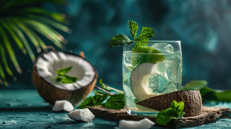 Tropical coconut water in a glass with a coconut slice and mint leavesの素材