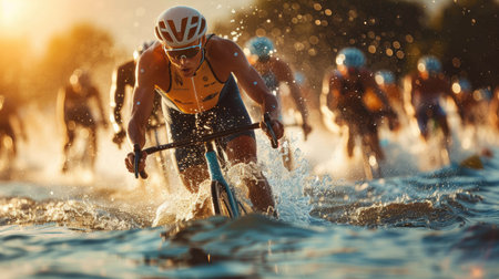 Triathletes transitioning from swimming to cycling during a raceの素材
