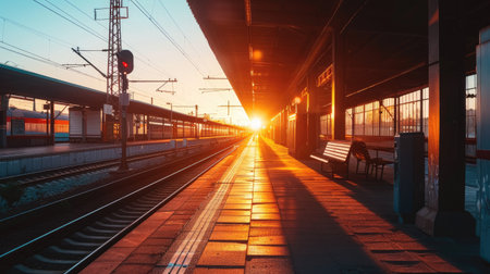 Train station at sunset with long shadows and warm lightの素材