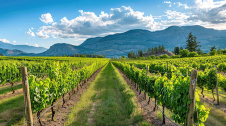 Vineyard with rows of grapevines and mountains in the backgroundの素材