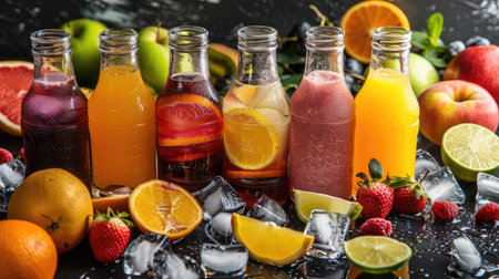 Variety of freshly made fruit juices in glass bottles with fresh fruits and ice cubesの素材