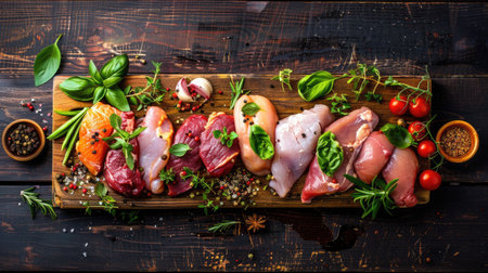 Variety of raw poultry cuts on a wooden board with fresh herbs and spicesの素材