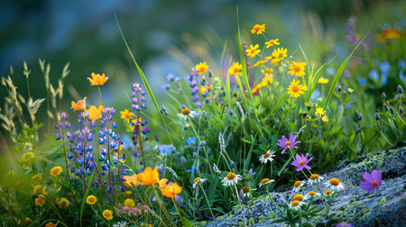 Wildflowers blooming in a mountain meadow during springの素材