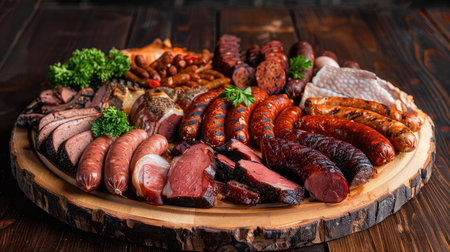 Variety of smoked meats and sausages on a wooden platterの素材