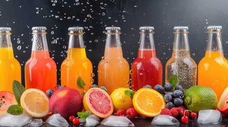 Variety of freshly made fruit juices in glass bottles with fresh fruits and ice cubesの素材