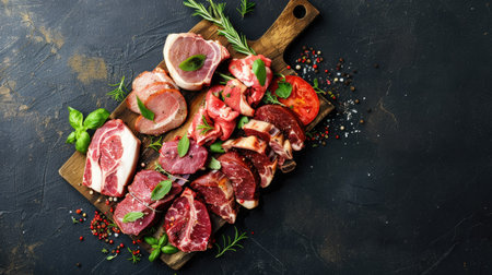 Variety of raw meat cuts arranged on a wooden board with herbsの素材