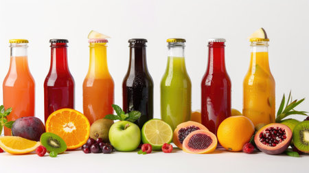 Variety of colorful fruit juices in glass bottles with fresh fruits aroundの素材