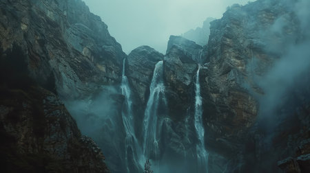 Waterfall cascading down a rocky mountain cliffの素材