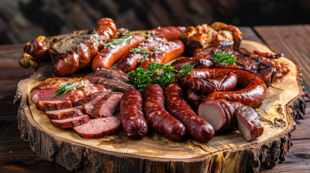 Variety of smoked meats and sausages on a wooden platterの素材