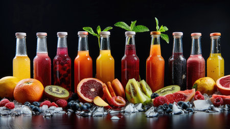 Variety of freshly made fruit juices in glass bottles with fresh fruits and ice cubesの素材