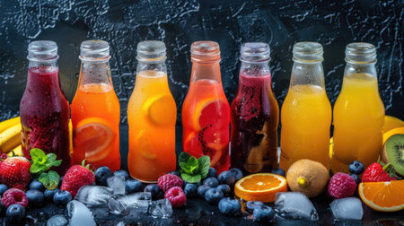 Variety of freshly made fruit juices in glass bottles with fresh fruits and ice cubesの素材