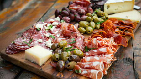 Variety of cured and smoked meats on a wooden platter with olives and cheeseの素材