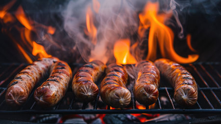 Variety of sausages on a grill with smoke and flamesの素材