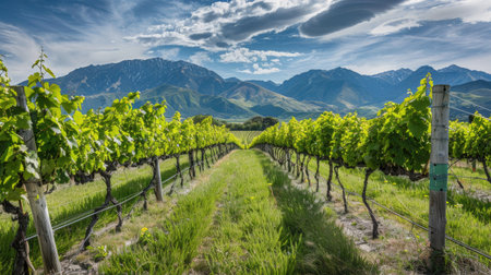 Vineyard with rows of grapevines and mountains in the backgroundの素材