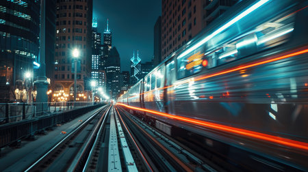 Long exposure of a train moving through a city at nightの素材