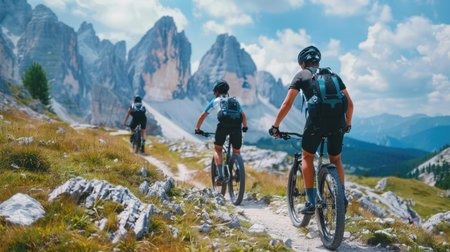 Mountain bikers riding along a rugged mountain trailの素材