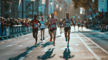 Marathon runners crossing the finish line, exhausted but triumphantの素材