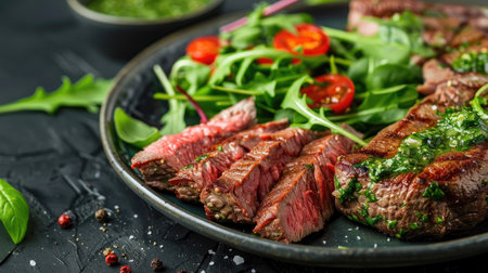 Medium-rare steak served with a side of chimichurri sauce and fresh greensの素材