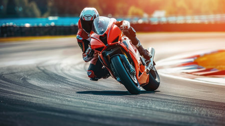 Motorcyclist racing on a track, leaning into a curveの素材