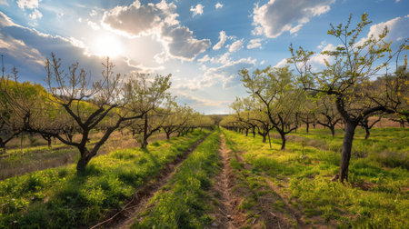Orchard with rows of apricot trees under a sunny skyの素材