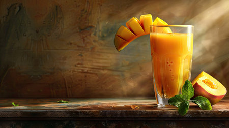 Mango juice in a glass with a mango slice and mint leaves on a rustic backgroundの素材