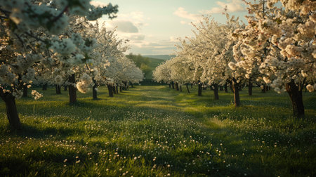 Orchard in early spring with blossoming cherry treesの素材