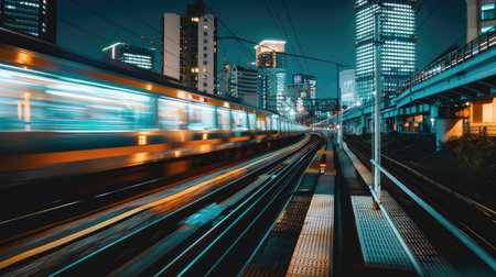 Long exposure of a train moving through a city at nightの素材