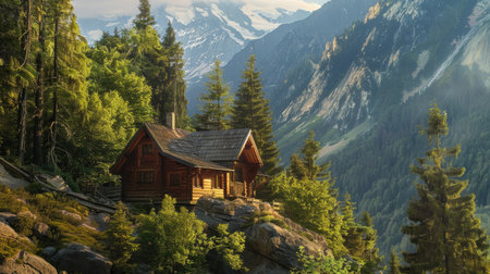 Mountain hut nestled among the trees with a scenic backdropの素材