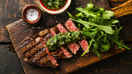 Medium-rare steak served with a side of chimichurri sauce and fresh greensの素材