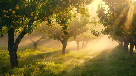 Orchard in early morning with mist rising and sunlight filtering through treesの素材