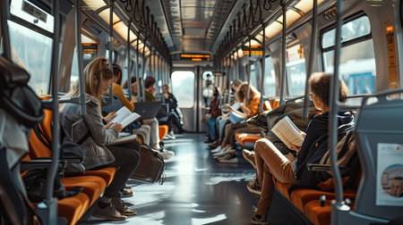 Modern train interior with passengers reading and workingの素材