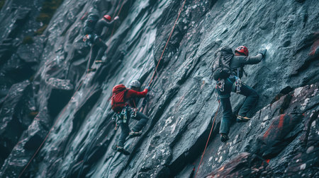 Mountain climbers scaling a steep cliff face with ropesの素材