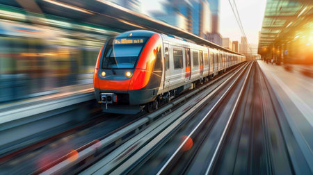 Modern train speeding along tracks in an urban settingの素材