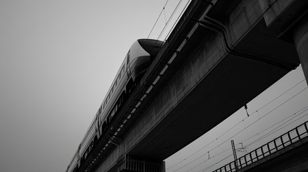 Modern high-speed train gliding along elevated tracksの素材