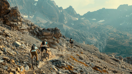 Mountain bikers riding along a rugged mountain trailの素材